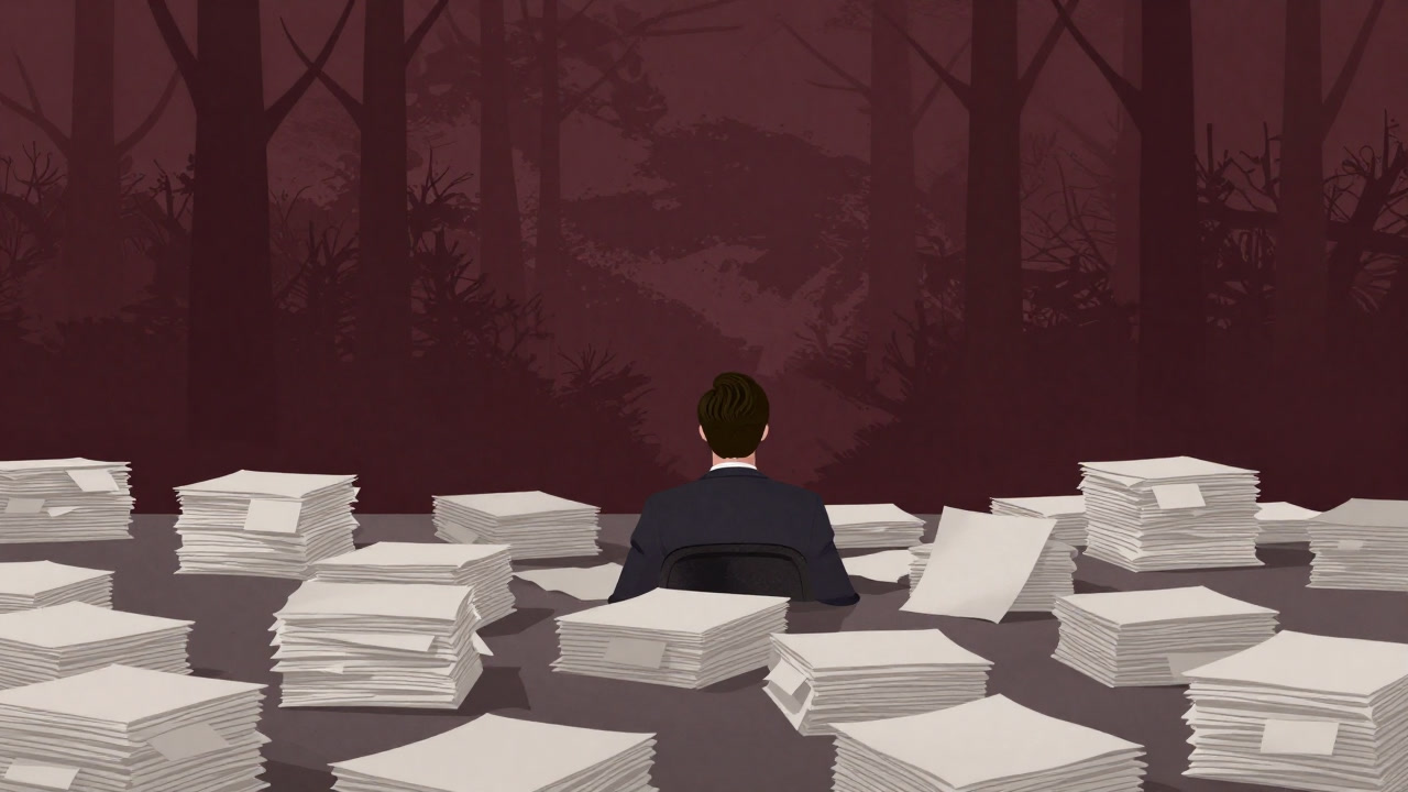 Illustration of an official buried under stacks of documents, expressionless, gazing at a distant forest