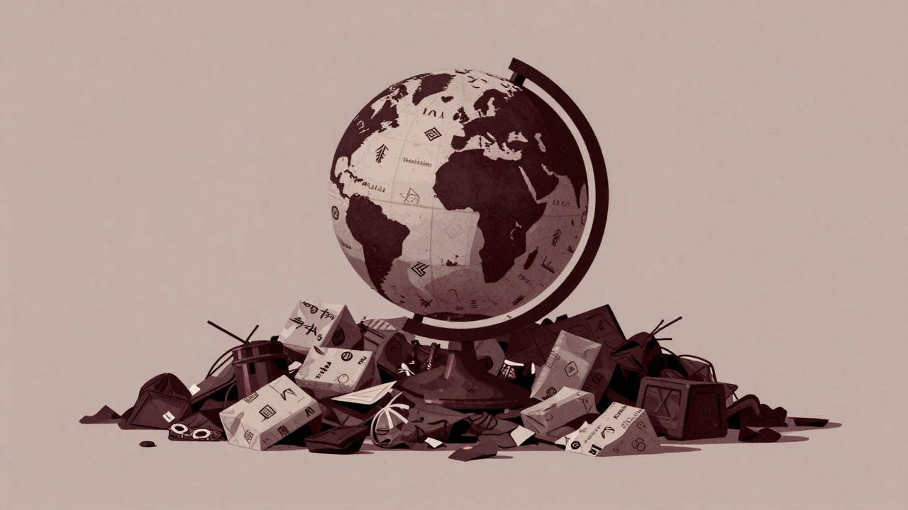 Illustration of a globe wrapped in corporate-logo patterned wrapping paper, sitting atop a heap of trash