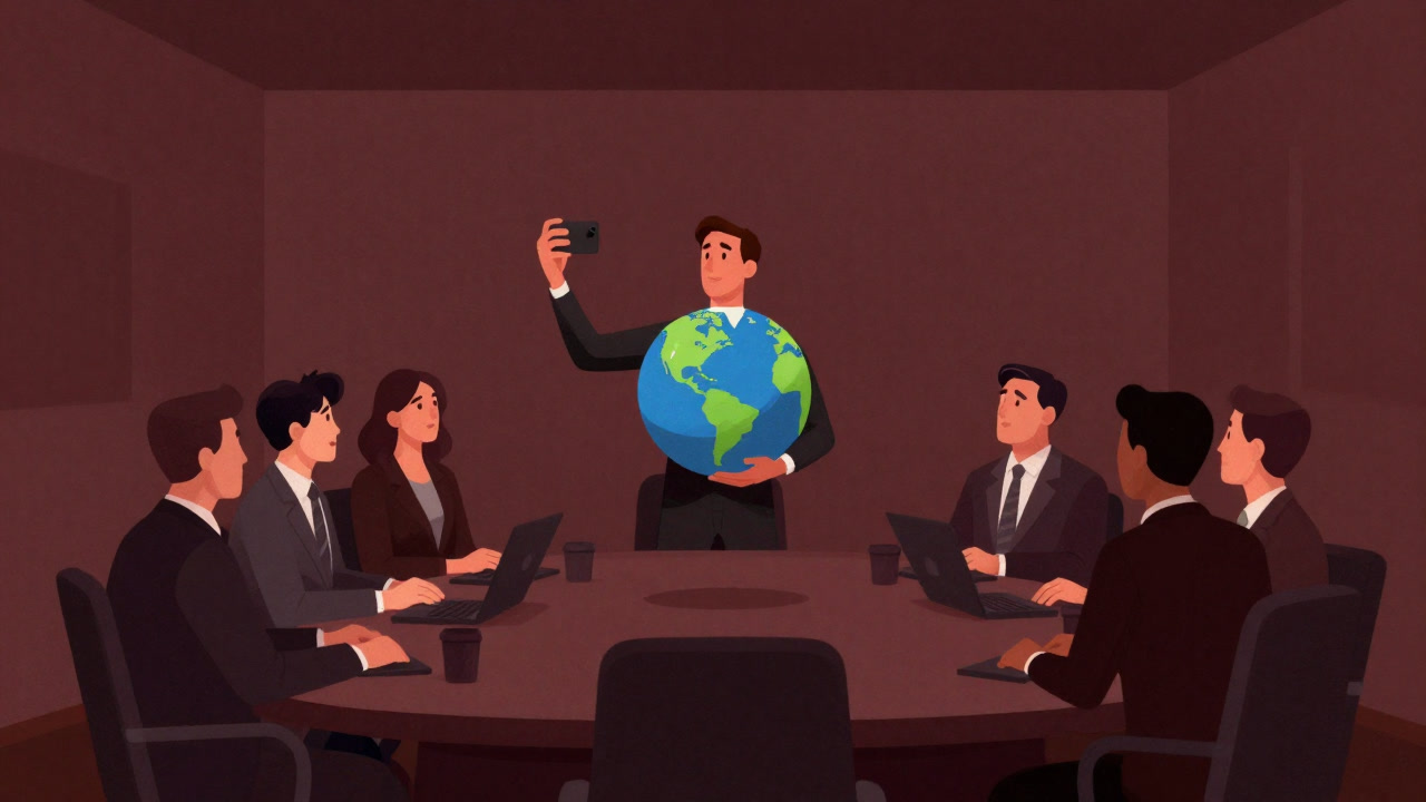 Illustration of a suited person holding a model Earth while posting on social media with a smartphone