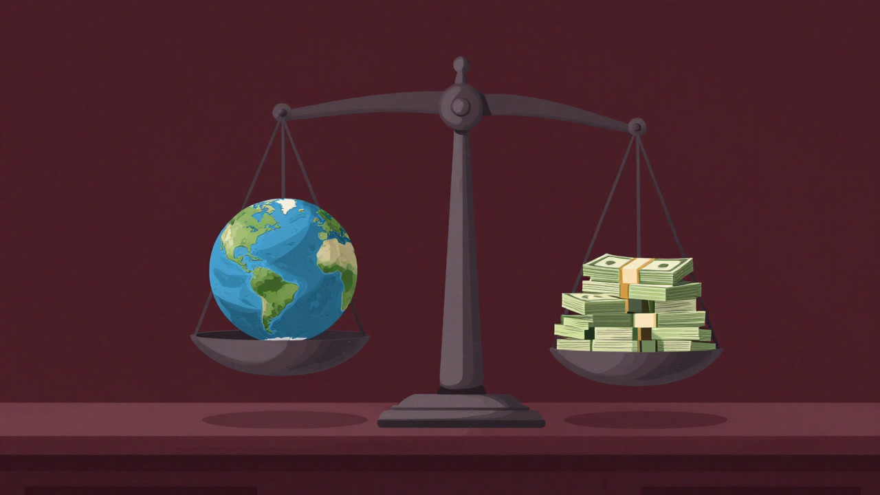 Illustration of Earth on one side of a courtroom scale, stacks of money on the other