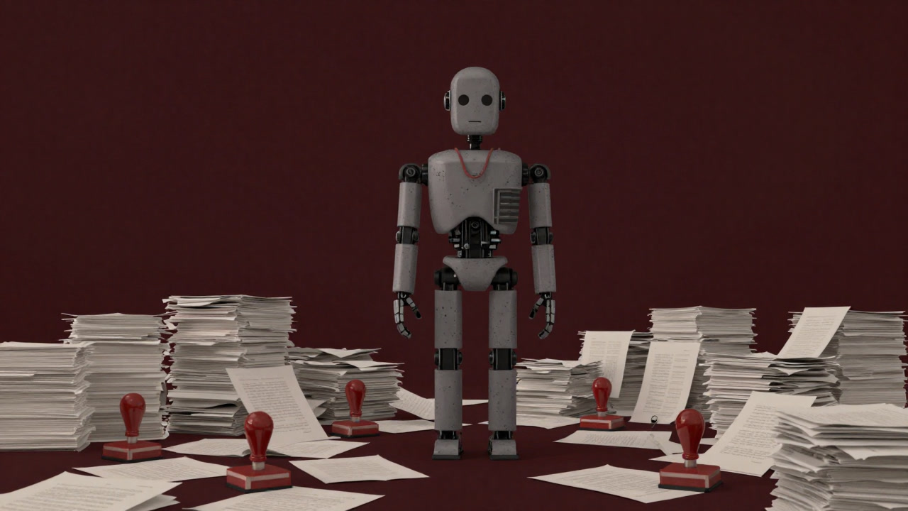 Illustration of a humanoid robot surrounded by countless documents, vacantly stamping endlessly
