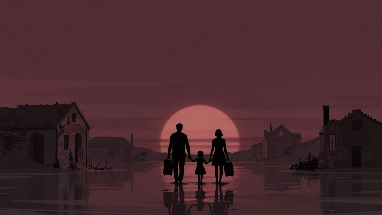 Silhouette of a family holding luggage in front of a flooded town's ruins