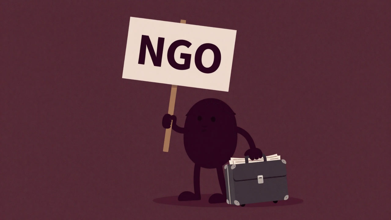 プラカードを持ち予算表を背負った環境NGOのキャラクターのイラスト