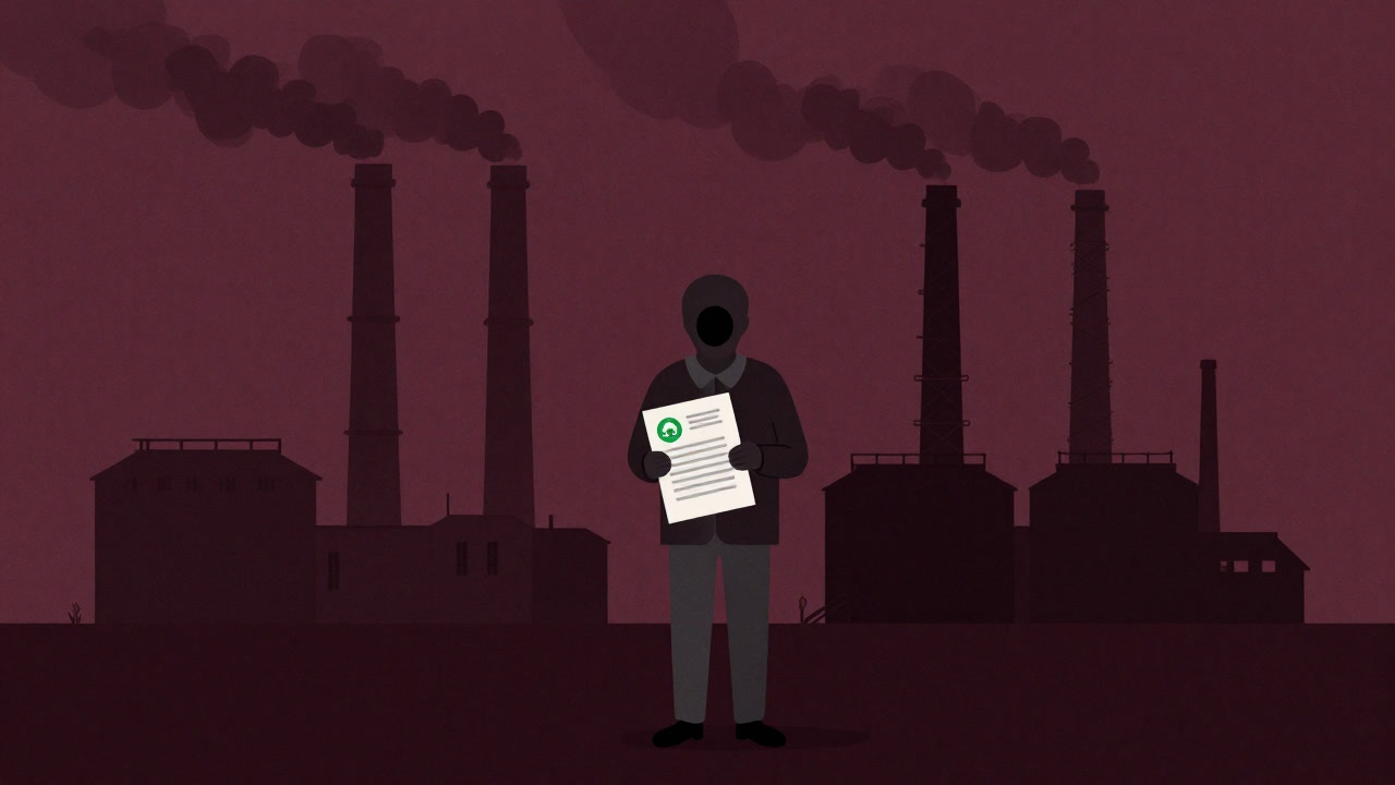Illustration of a consumer holding a sheet with factory smokestacks and an eco-label, gazing at it with a hollow expression.