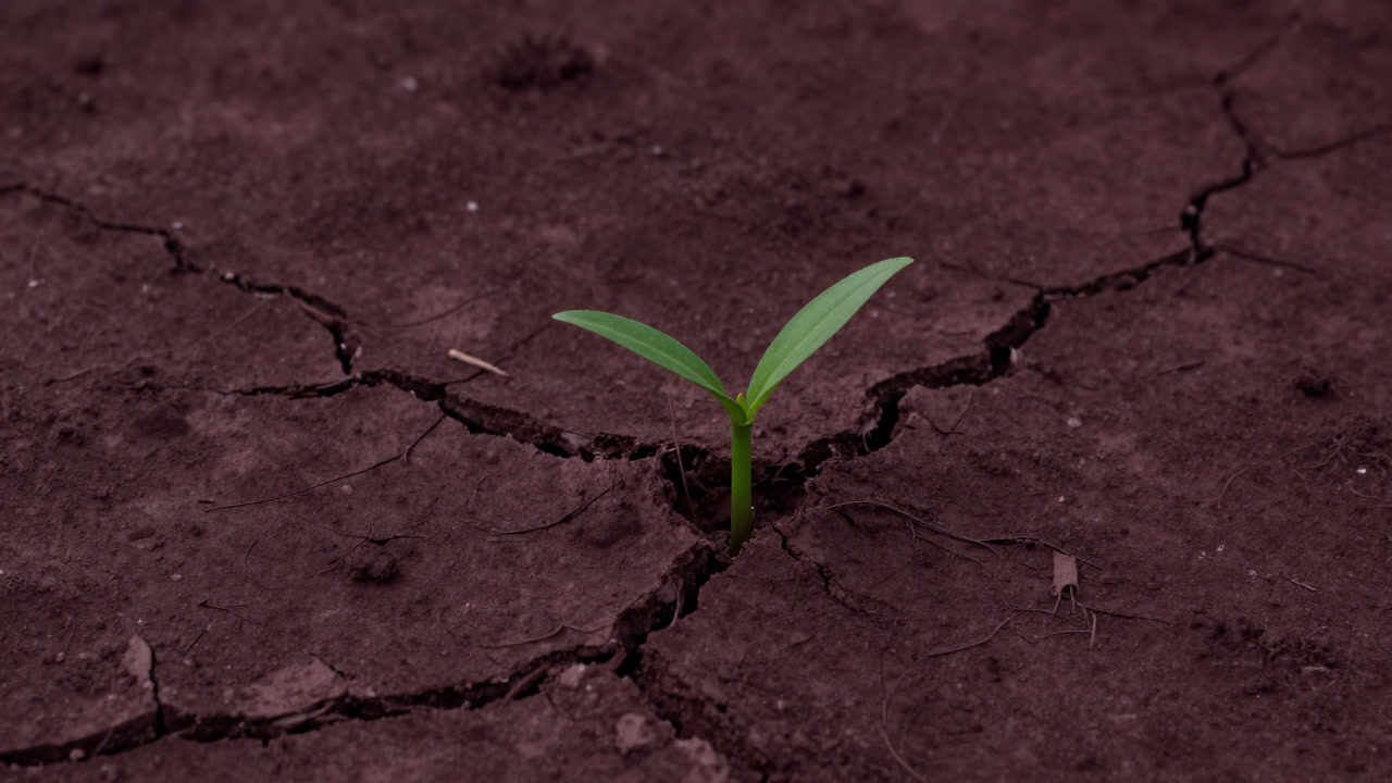 Close-up of soil sprouting a small green shoot amidst a desolate landscape