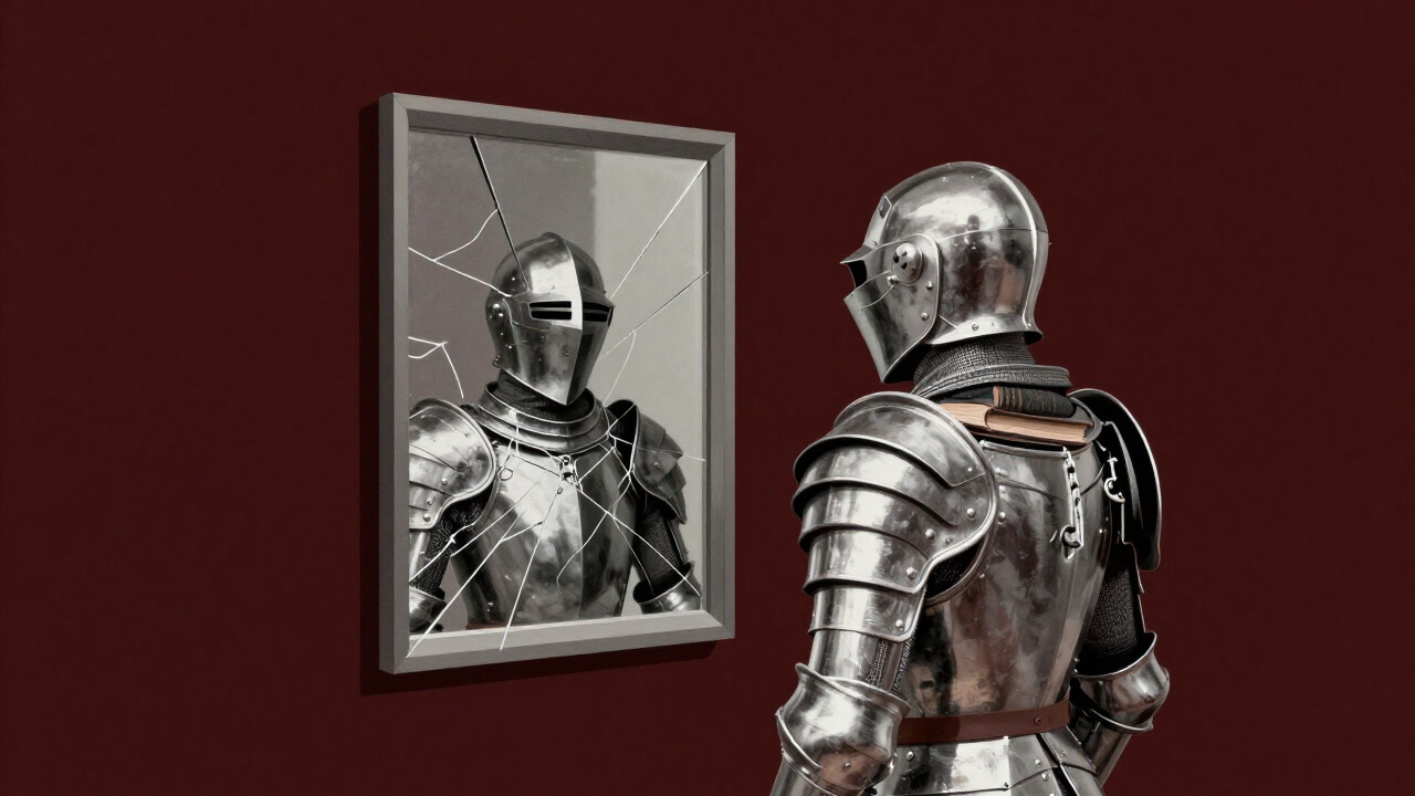 鏡の前で自分の考えに酔いしれる人間のシルエット