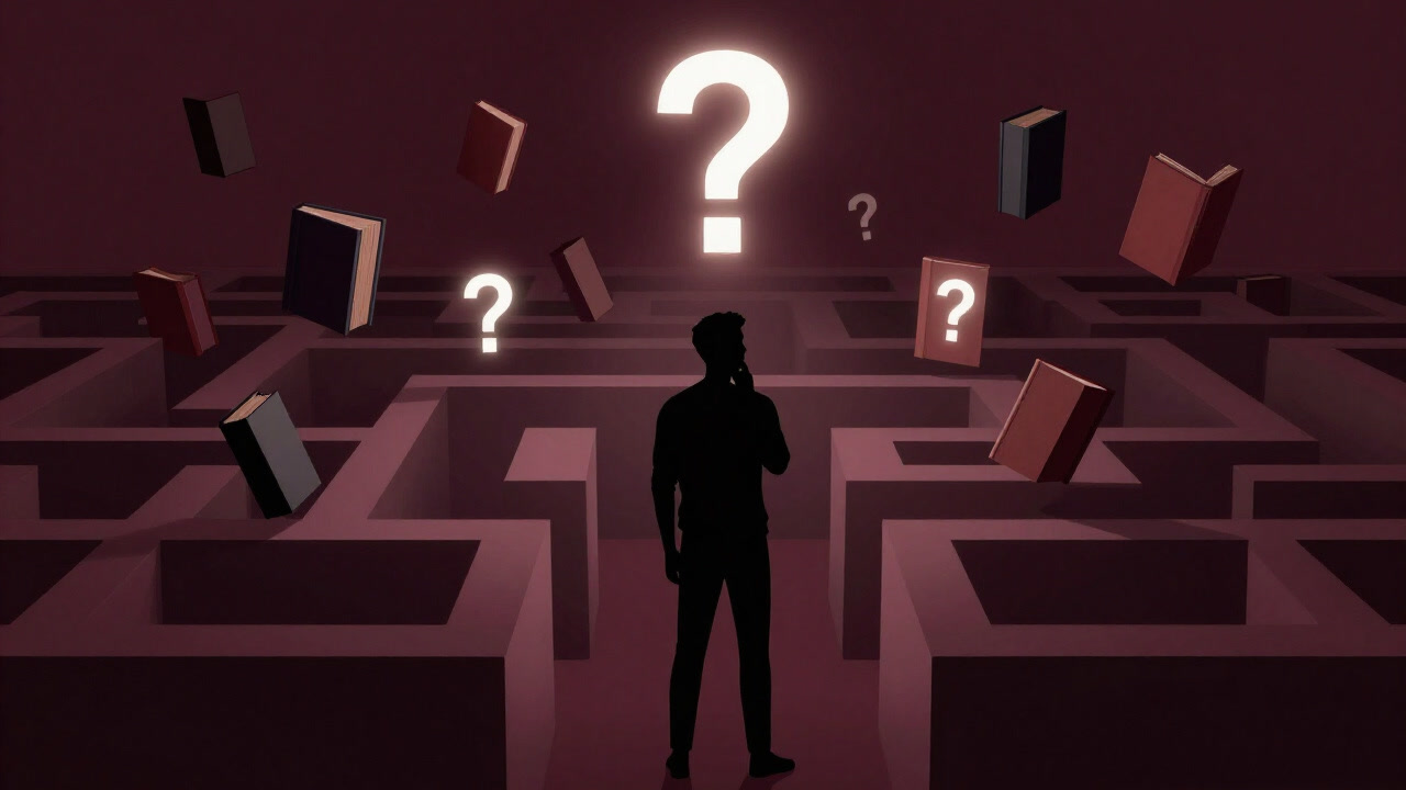 Image of a silhouette pondering in front of a labyrinth of floating books and question marks in the dark