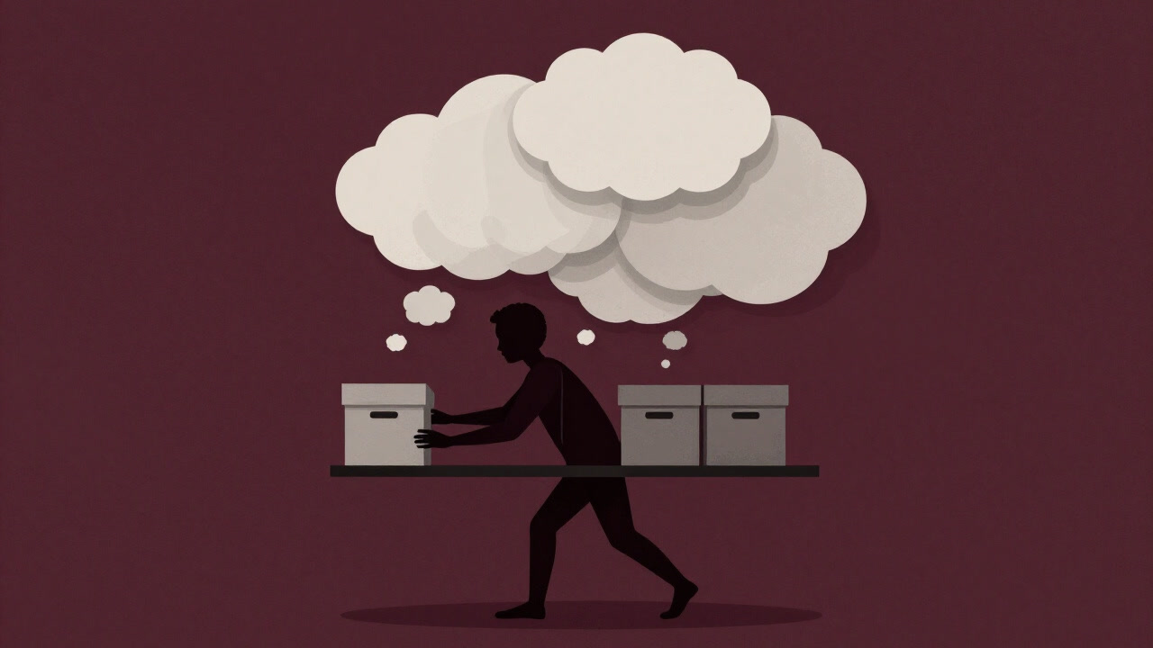 頭上に大きな棚を背負い、考えをひとまずその中に放り込む人のシルエット