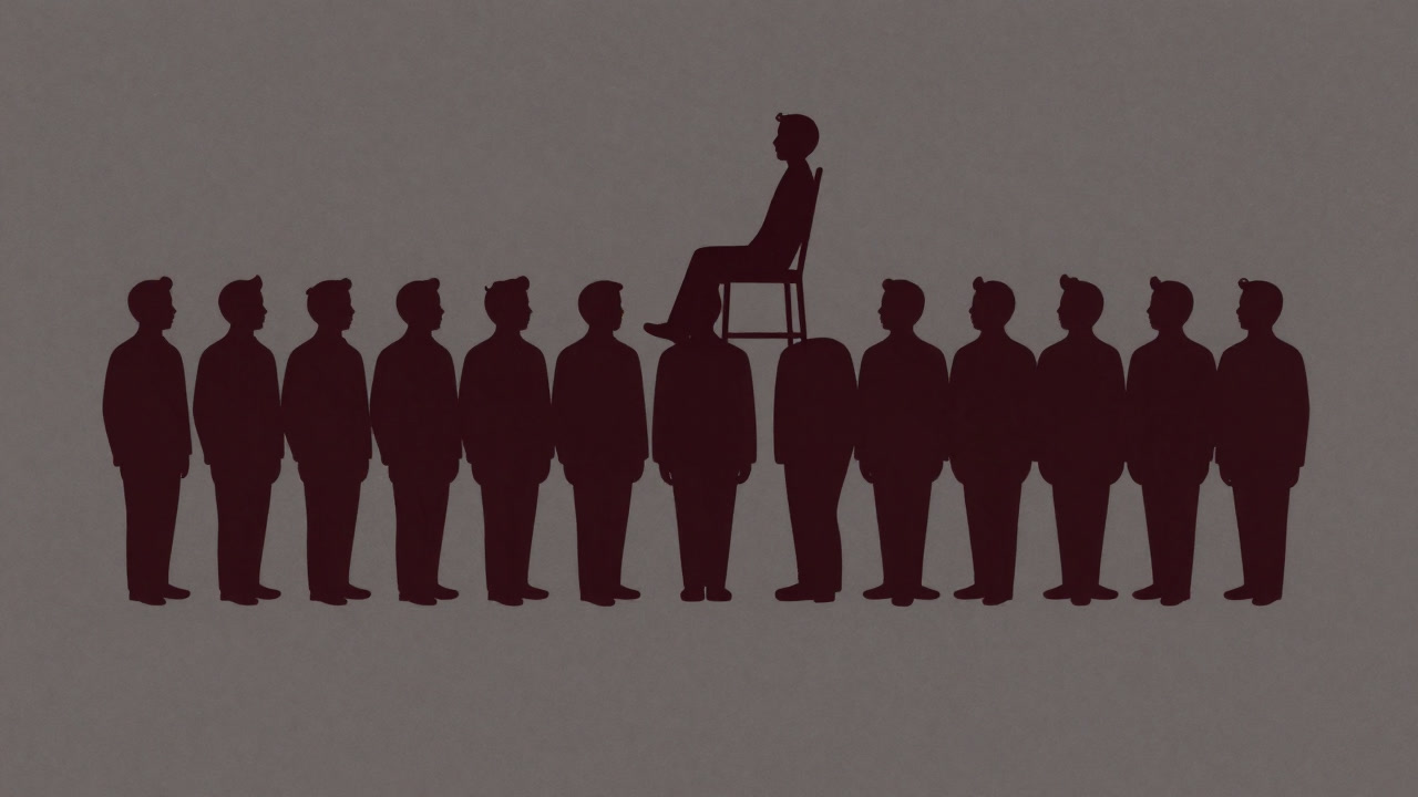 Illustration of countless people drawn on the same line, with one individual standing on a platform