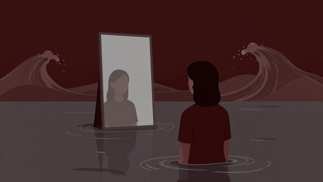 A human-shaped lake reflecting calm, with a silhouette ignoring waves of emotion in a mirror.