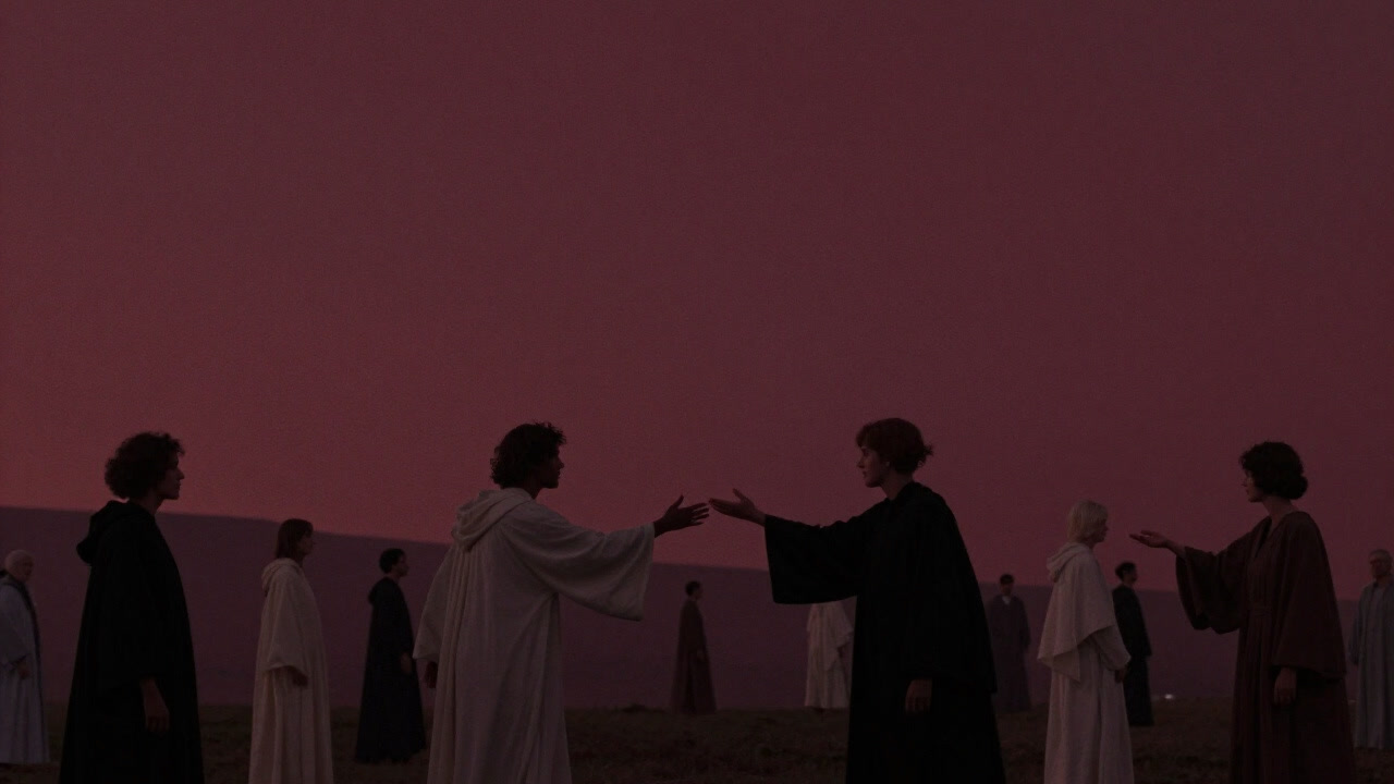 夕暮れと夜明けの境界で人々が手を伸ばし合い、しかし互いの手元はすれ違う群衆の風景