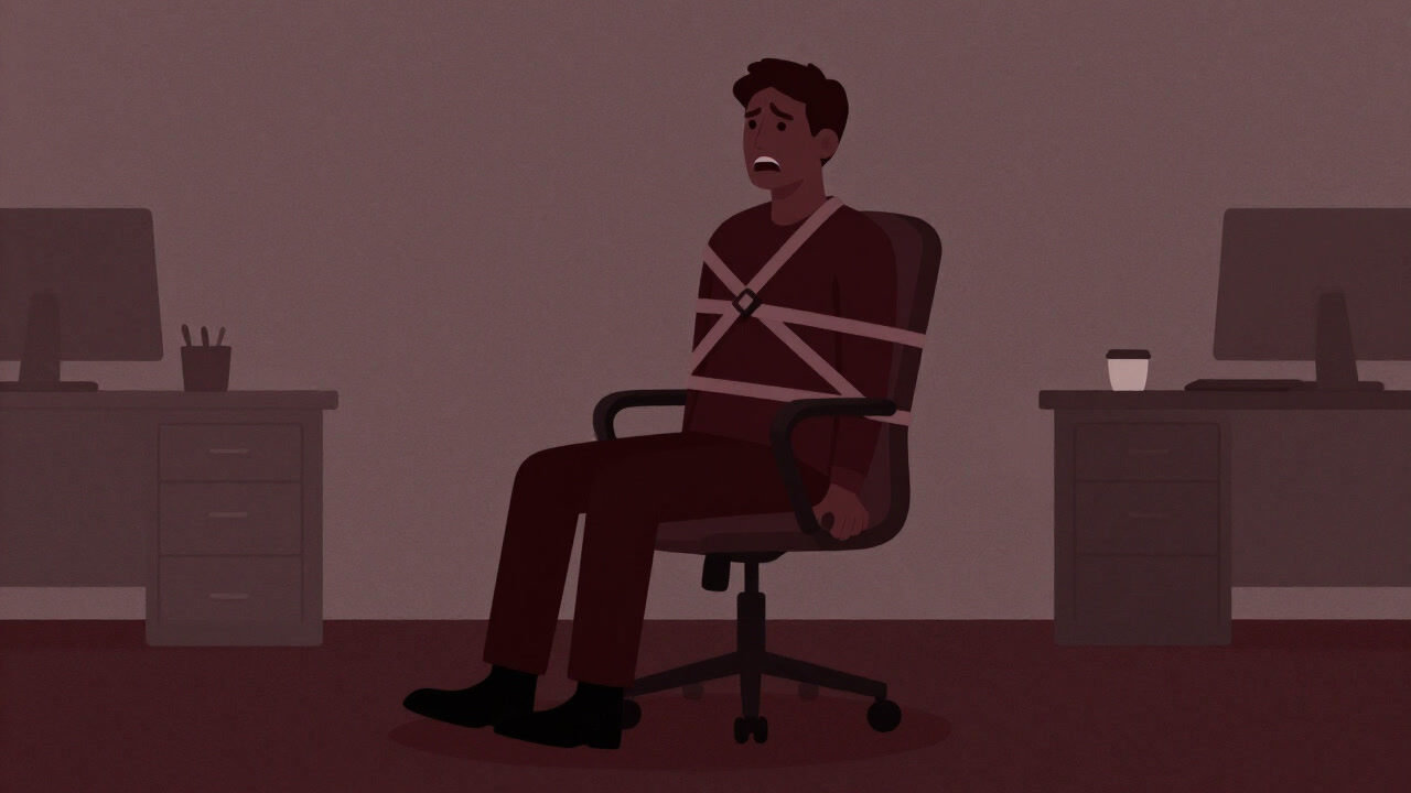 オフィスチェアに縛られた人間が苦悶するイラスト