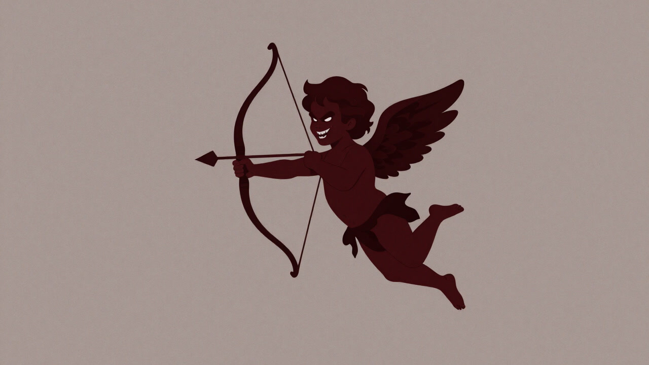 暗闇に浮かぶキューピッド像が邪悪な笑みを浮かべ、矢を構えている画像