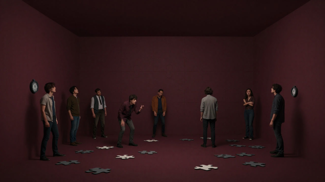 Image of anxious hands and restless silhouettes in a puzzle-filled locked room