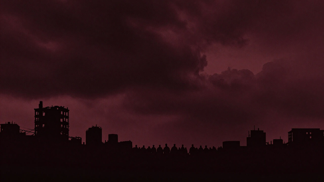 荒廃した都市の空に暗雲が立ち込め、遠くに小さくシルエットの群衆が見える終末論のビジュアル。