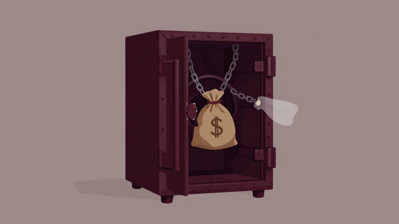 Illustration of a tightly chained vault with swirling ghostly coins and banknotes inside.