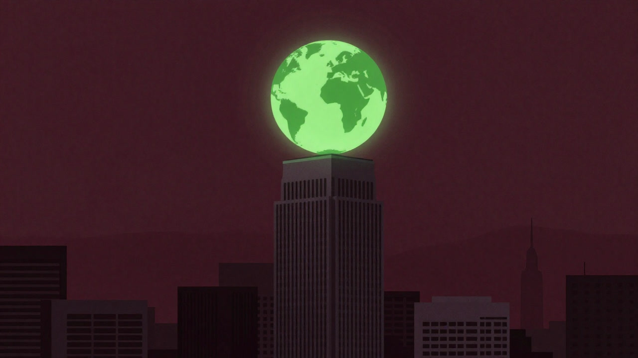 地球を背負った株式会社のビルが薄暗い都市に浮かび上がるイラスト