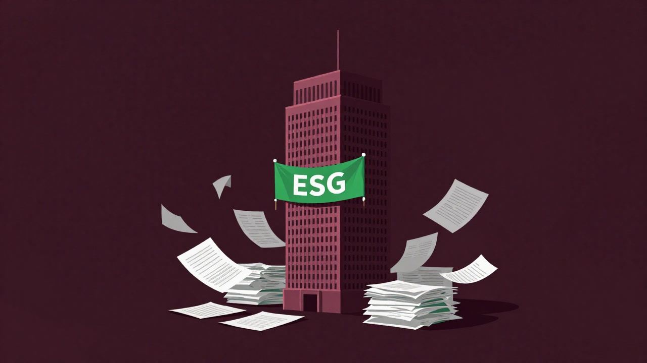 緑色のスローガンを掲げた企業ビルが書類の渦に沈むイラスト