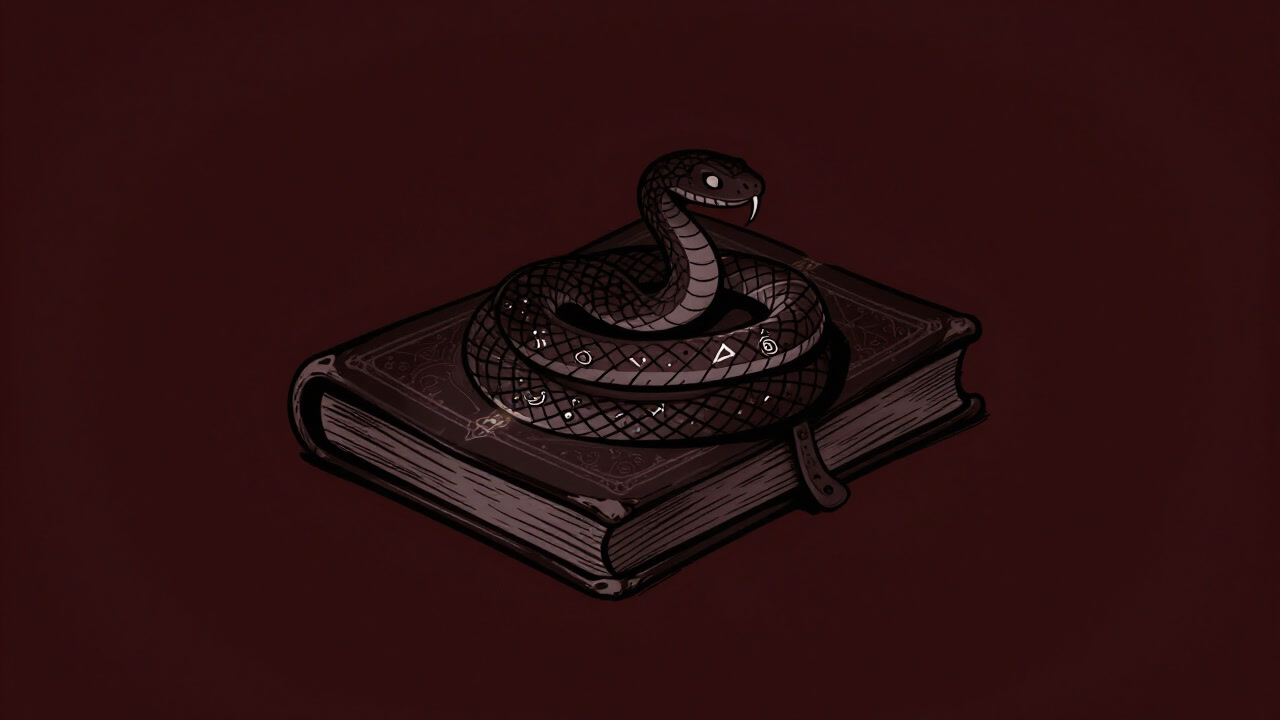 An ancient tome shrouded in darkness and coiled like a serpent, emanating a mysterious glow.