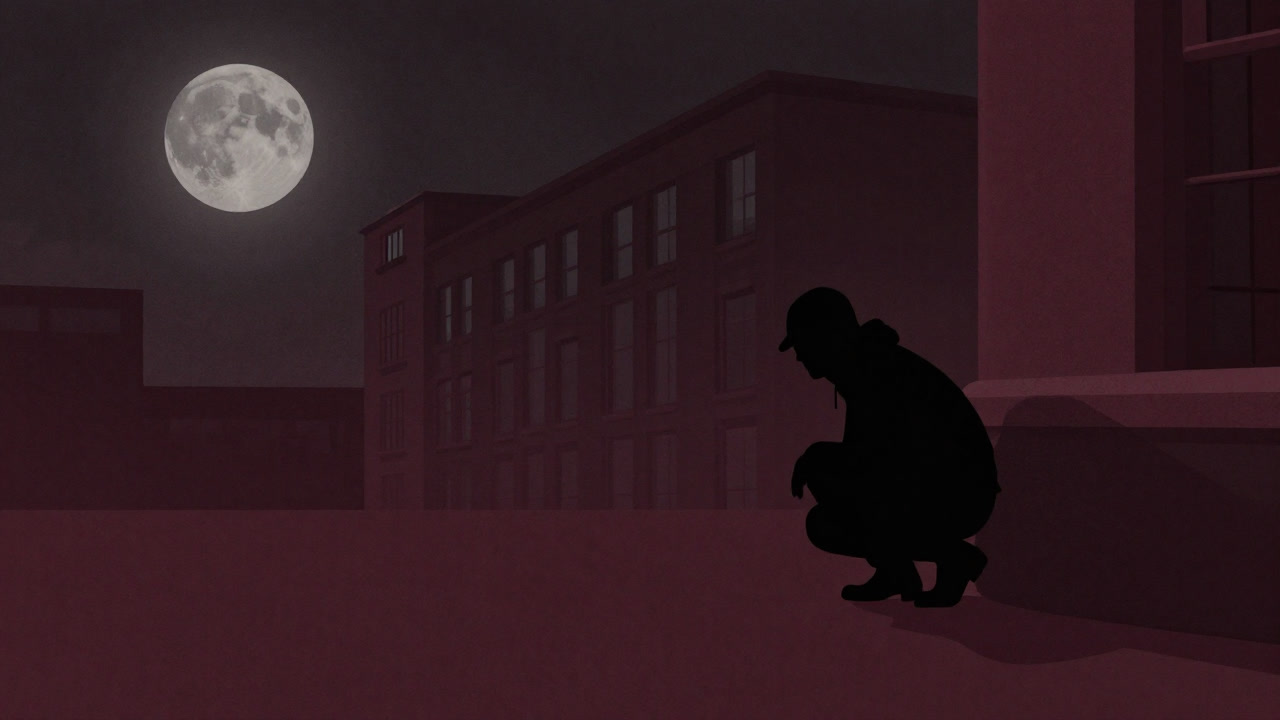 Silhouette of a spy lurking in a building’s shadow under moonlight, peering around.
