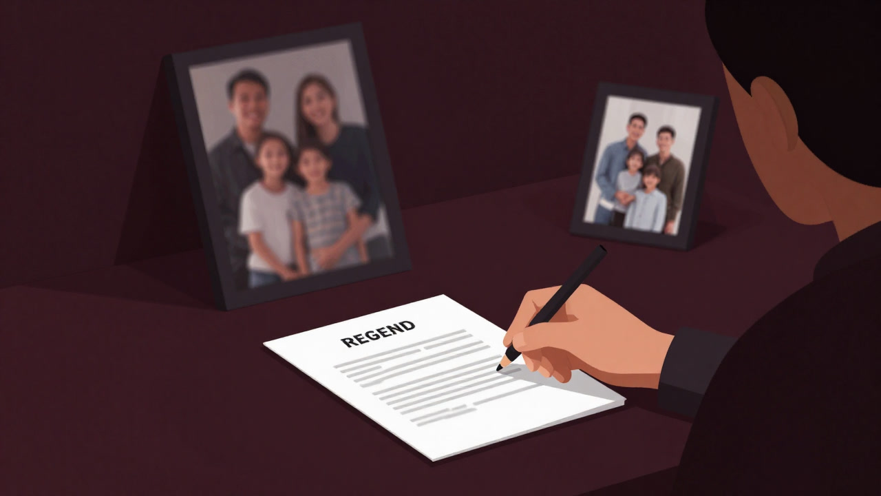 家族写真を背に、冷たい書類に向かい合う人物のシルエット