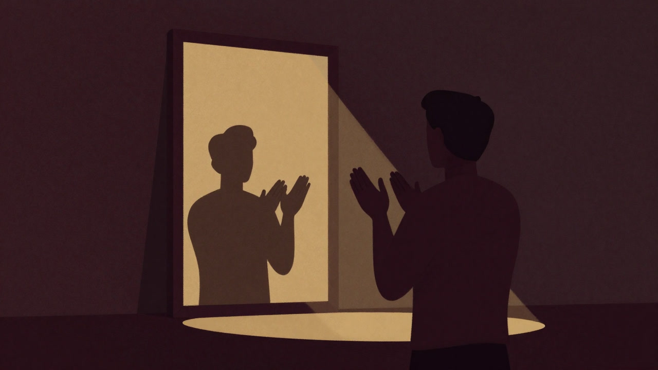 Silhouette of a person applauding themselves in front of a mirror