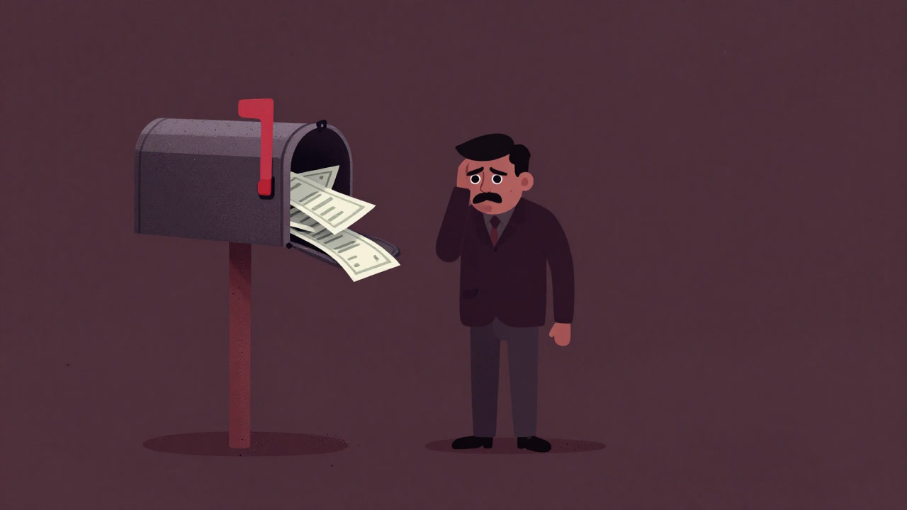 Illustration of a taxpayer holding their head in front of a mailbox stuffed with bills.
