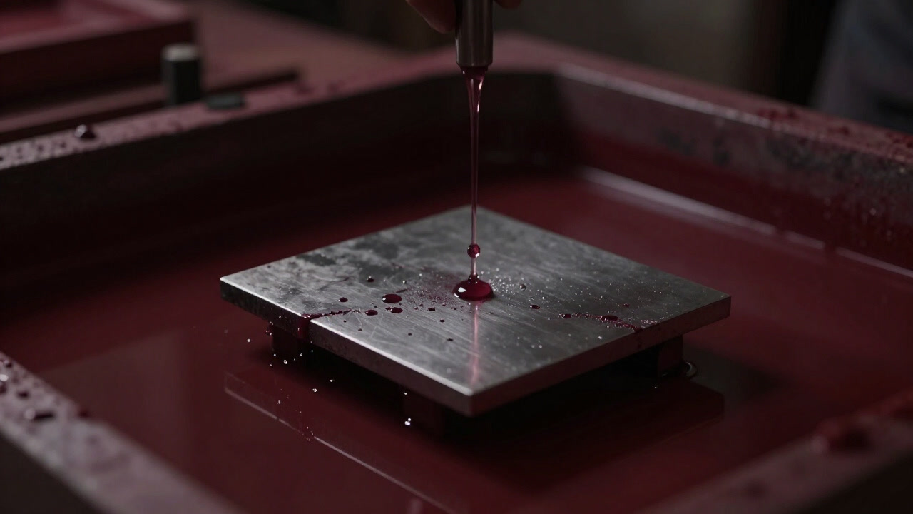A photo capturing the moment acid drips onto a rusted metal plate in a dimly lit workshop