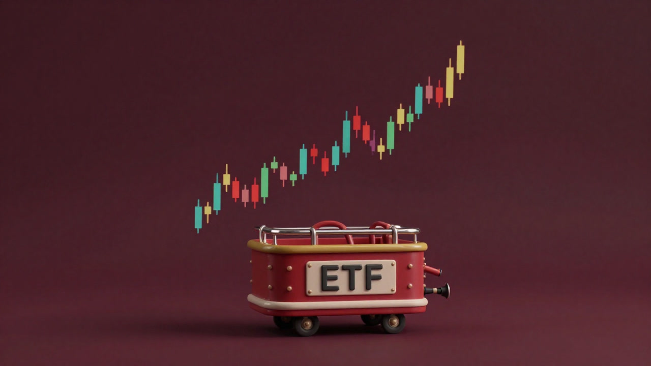 Illustration of a ride-like ETF character clutching a bar anxiously against a backdrop of colorful stock charts.