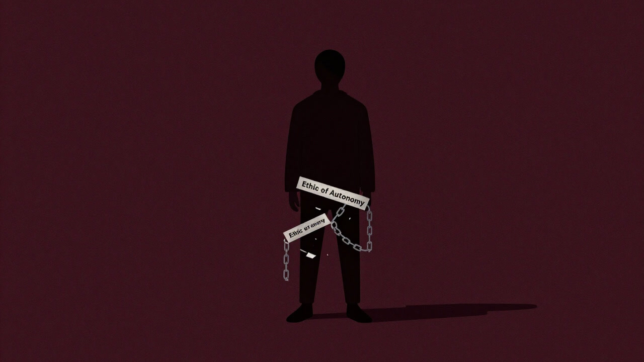 An individual stands alone in a dimly lit background after breaking chains labeled 'Ethic of Autonomy'