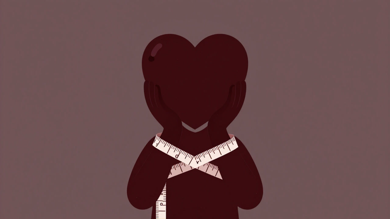 腕に測定テープを巻き付け、頭上でハートを掲げる女性のイラスト