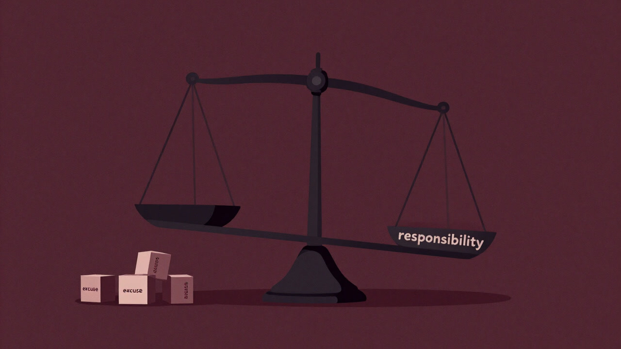 Illustration of a scale labeled responsibility tipping to one side, with small boxes labeled excuses spilling out beneath