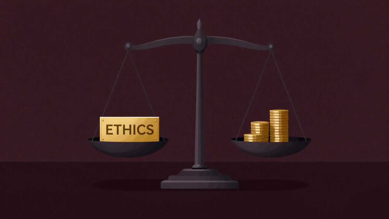 An old balance scale holds a gilded plaque reading 'ETHICS' on one side and a stack of coins on the other.