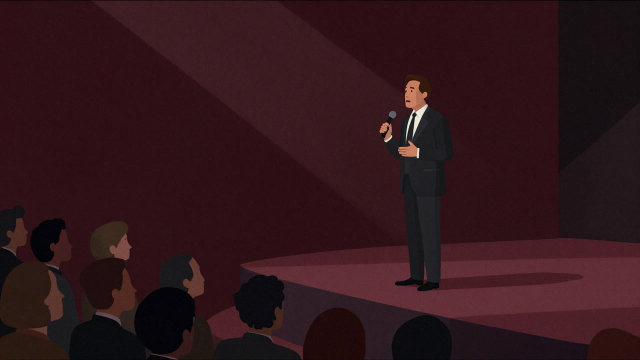 Image taken from behind of a speaker in formal attire delivering a speech under bright stage lights