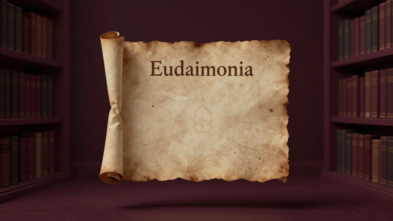 古びた本棚の前に置かれ、埃をかぶった『エウダイモニア』と書かれた羊皮紙が幻想的に浮かび上がる光景