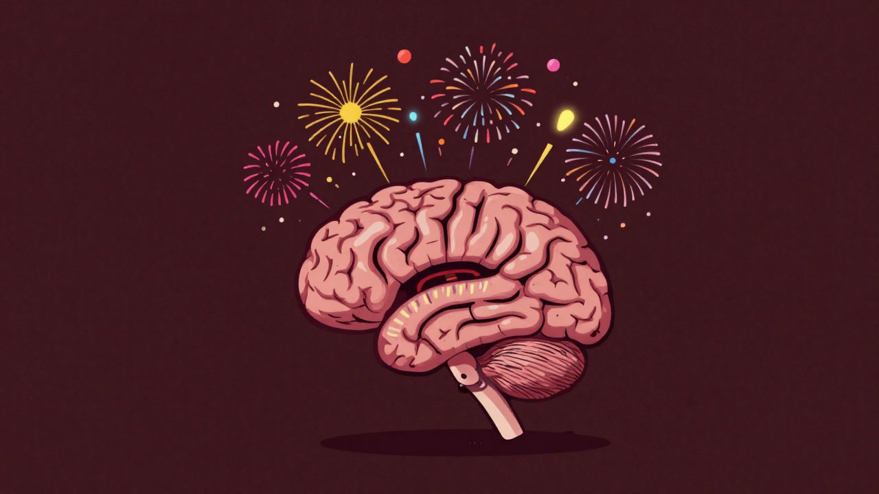Illustration of a brain cross-section bursting with colorful fireworks representing euphoria