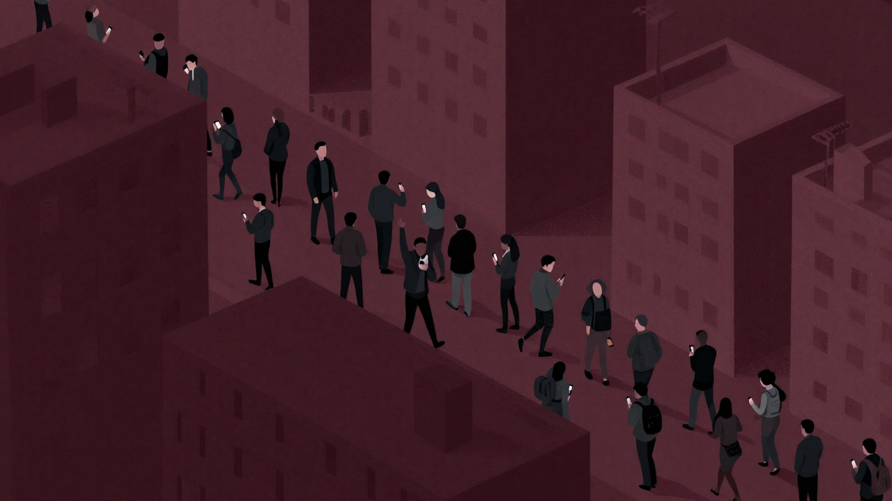 A silhouette of a crowd wandering aimlessly around a crowded station square while looking at smartphones