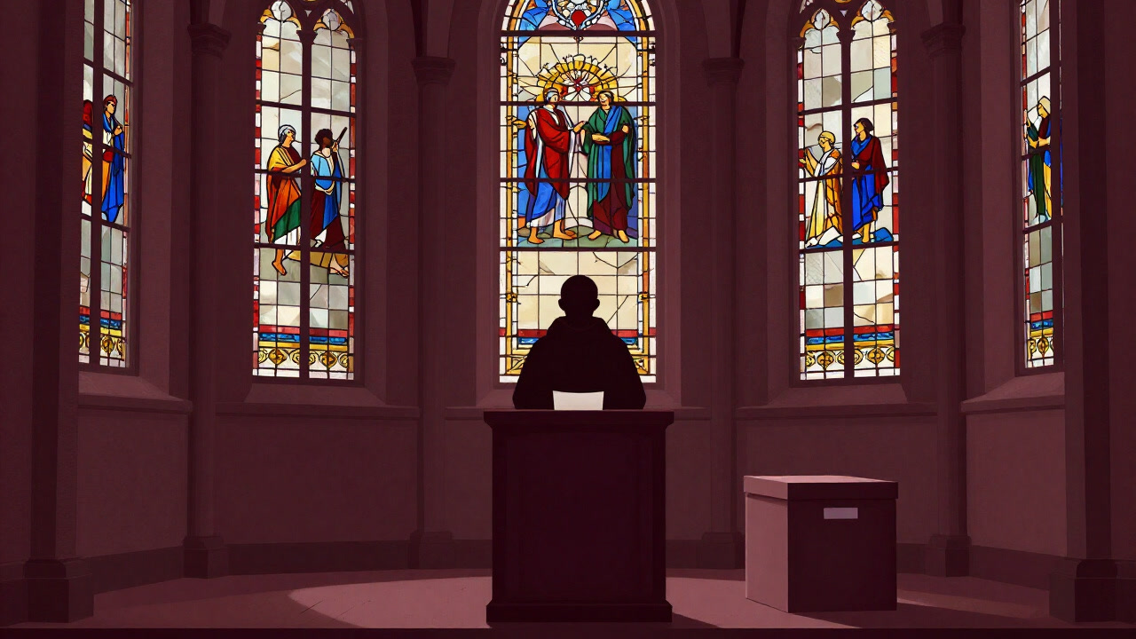 豪華な礼拝堂で背後に大きな募金箱を背負い説教する牧師のシルエット