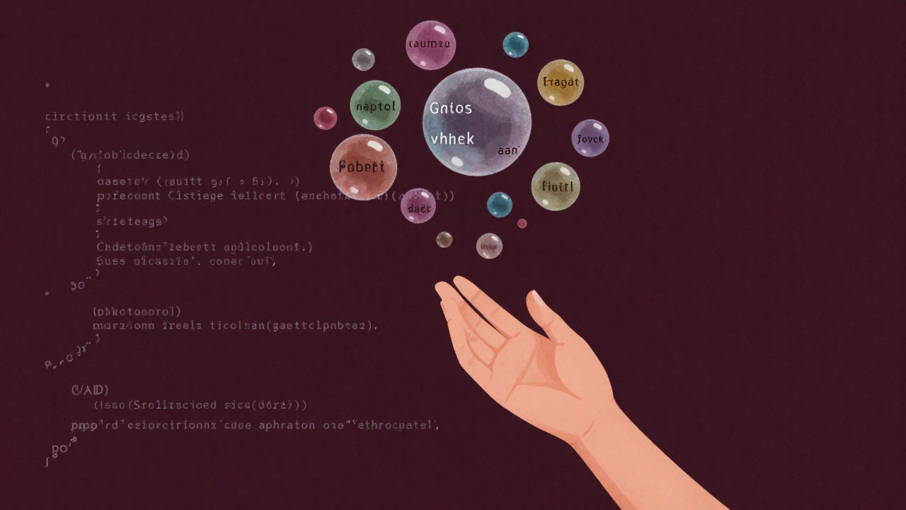 Illustration of a hand trying to catch colorful event bubbles bursting chaotically out of a sea of code