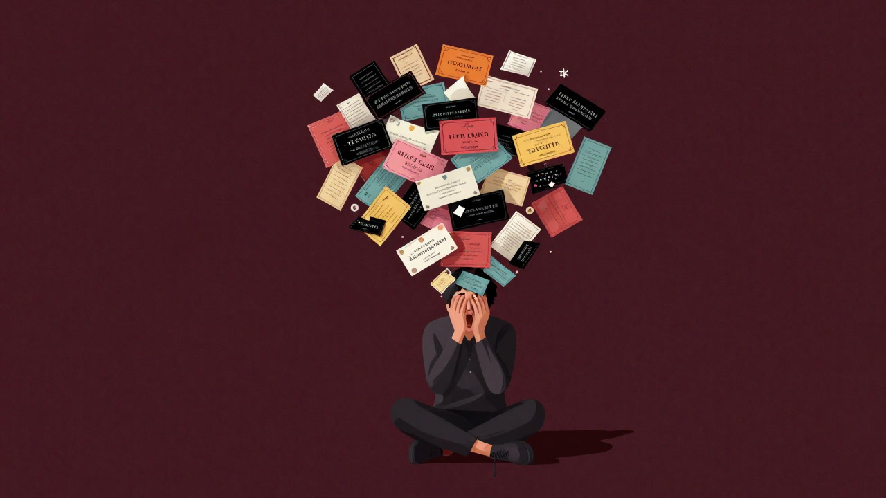 カラフルな招待状が山のように積まれ、受取人が圧倒されているイラスト