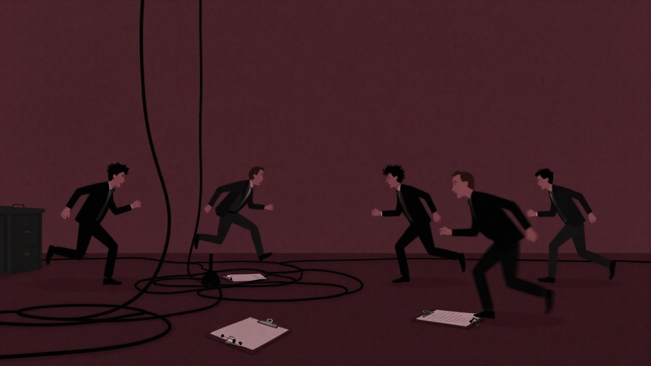 舞台裏でケーブルとクリップボードに囲まれ、慌ただしく走り回るスタッフのコミカルなイラスト