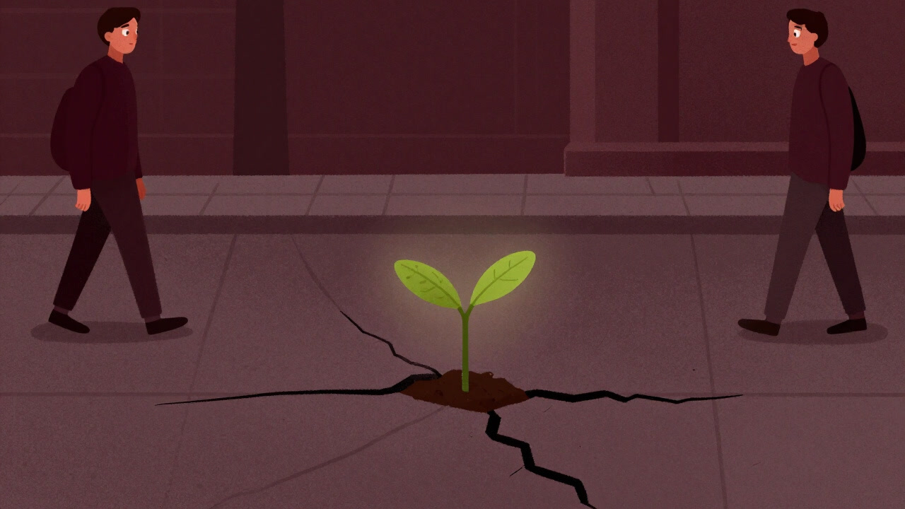 Illustration of a small plant emerging from a crack in urban concrete, with people glancing around feeling a sense of sacredness