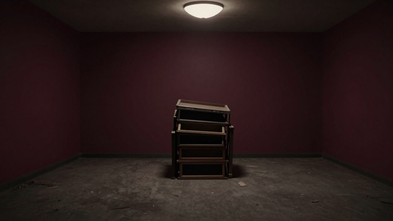 Image of an empty room with a single set of furniture haphazardly piled in the center, lit in a lonely way.