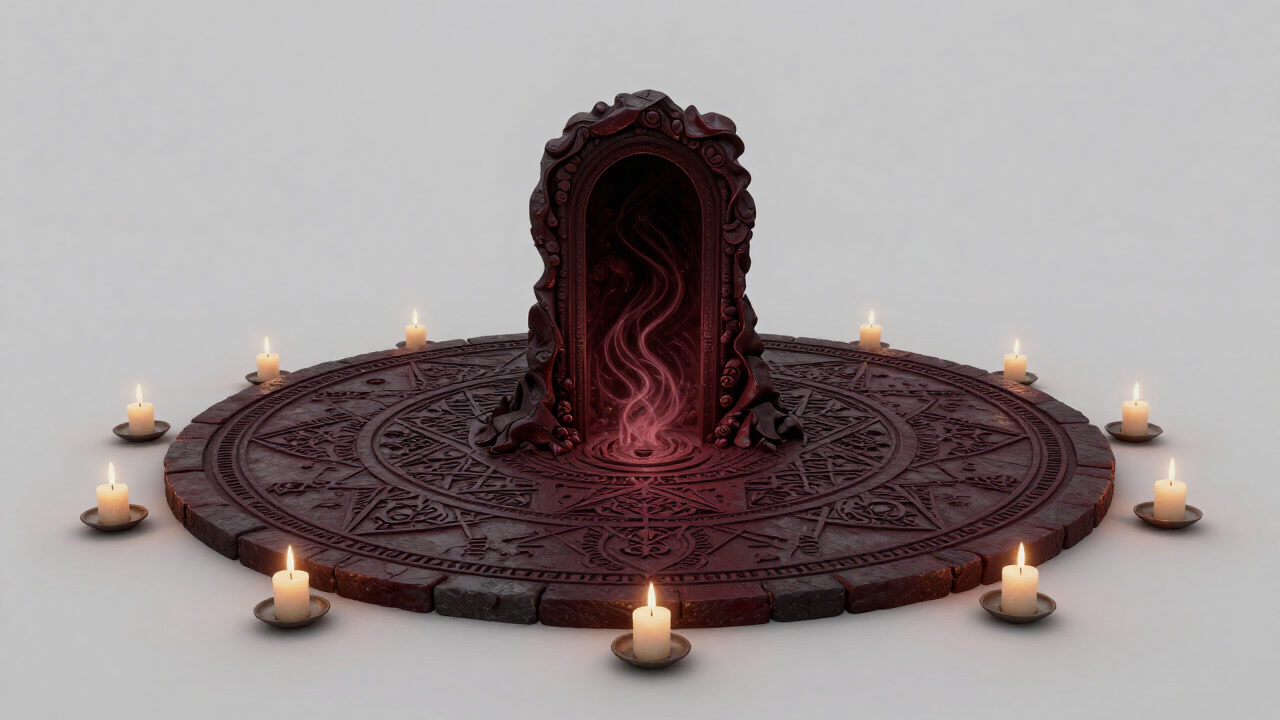 Flickering candle flames gathered at the center of an ancient magic circle as a portal to another realm begins to open
