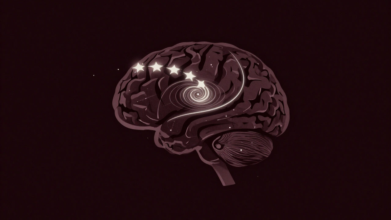 Abstract silhouette of a brain floating against a dark background, with particles of light tracing an evolutionary path.