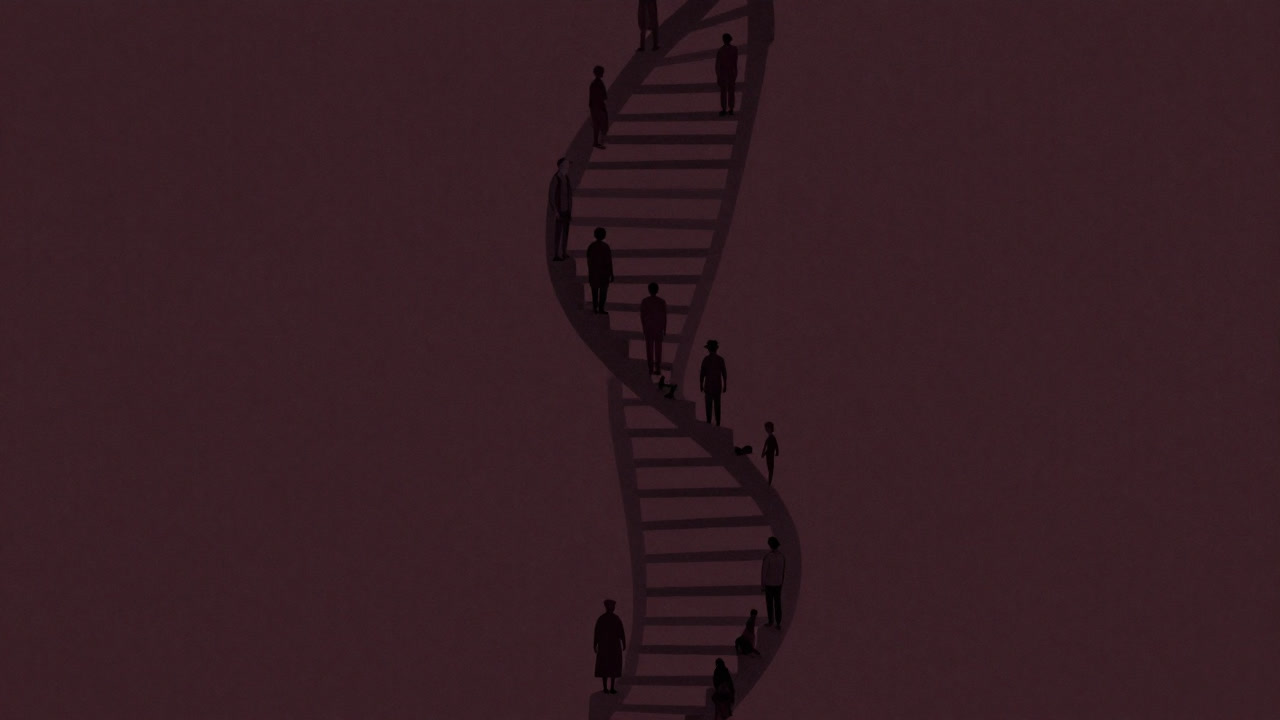 Silhouette of life forms arranged in a spiral staircase resembling DNA