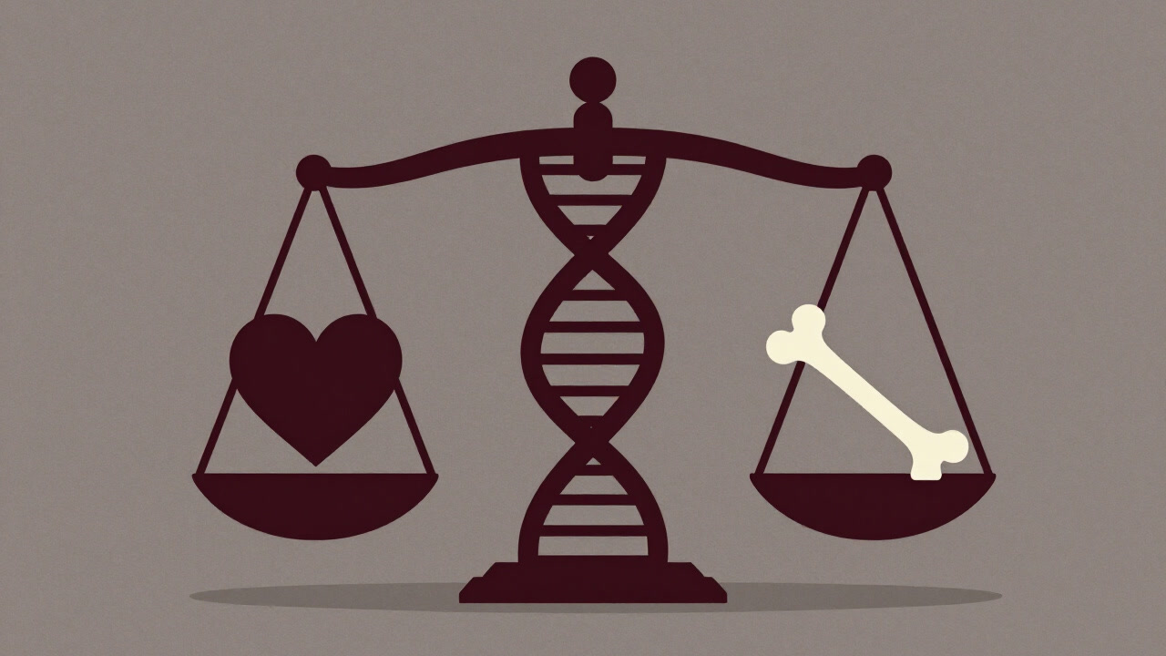 Abstract illustration of a DNA double helix forming scales with a heart on one side and a bone on the other