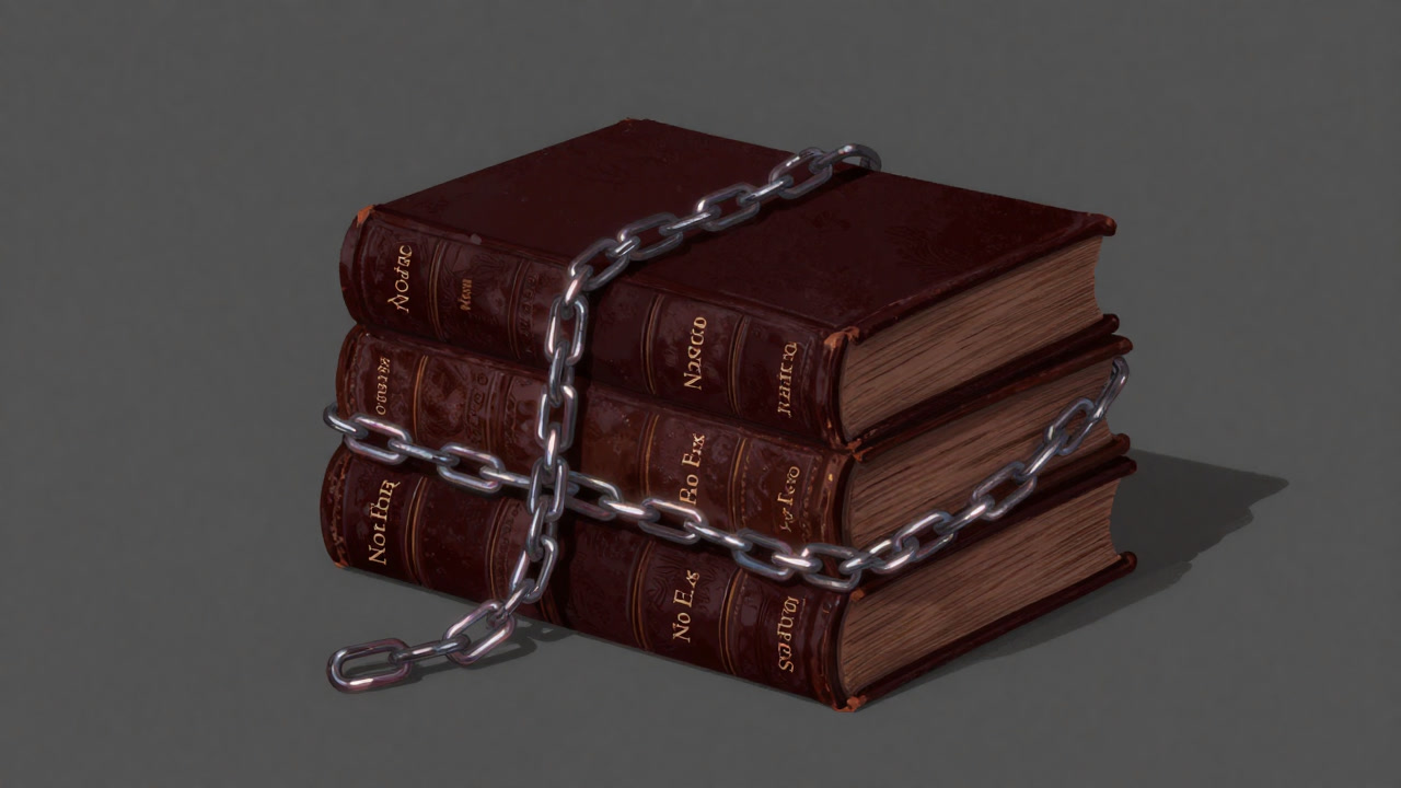 古い法典が埃をかぶりながら未来を見つめるかのように積み重なっているイラスト