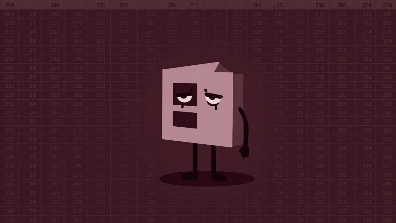 An exhausted Excel icon looking down against a background of countless cells filled with numbers and text