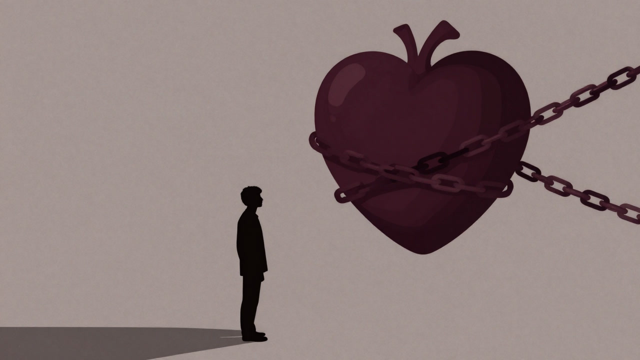 Silhouette of a figure looking down at a heart bound by chains.